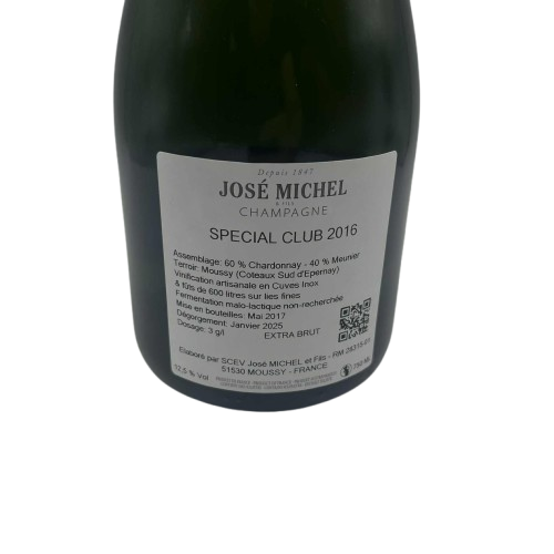 José Michel Special Club 2016

Coteaux Sud d’Épernay – Extra Brut

This Special Club cuvée from José Michel is a precise, terroir-driven expression of the 2016 vintage. Produced in Moussy, in the southern hills of Épernay, it blends 60% Chardonnay with 40% Meunier a hallmark of the house’s style.

The wine is vinified artisanally in a combination of stainless steel tanks and 600L oak barrels, both on fine lees. Malolactic fermentation is not pursued, preserving natural acidity and tension. After bottling in