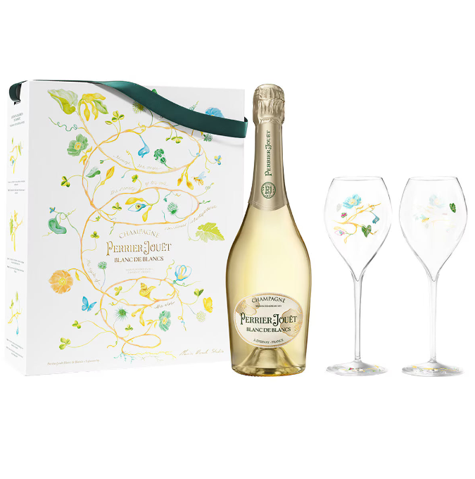 Perrier jouet blanc de blancs with glasses. Champagne giftbox